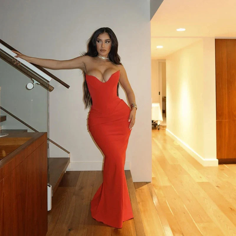Envy NYC Envy NYC Pristine Corset Maxi Dress — Envy NYC branding close-up