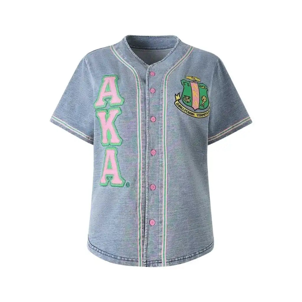 Greek Letter Embroidered Button Women's Denim Baseball Jersey Light Blue