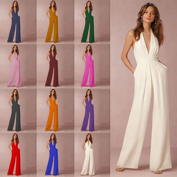 Envy NYC Women Deep V-neck Sleeveless Halter Wide Leg Jumpsuit — detail shot 6