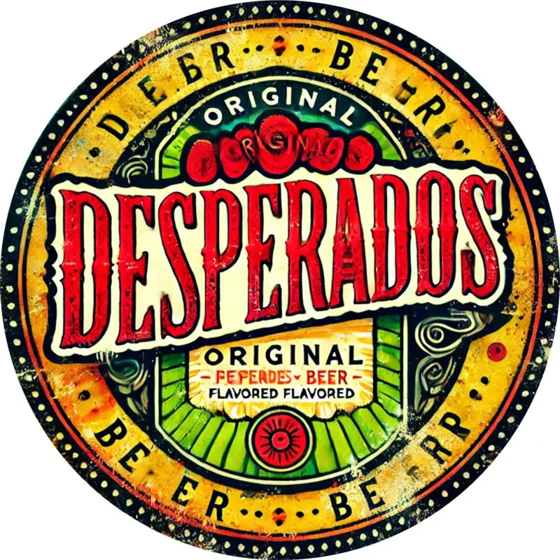 Perfecsy [Bar Highlight] Vintage Desperados Beer Round Metal Sign - 8x8 Inch Aluminum Wall Art with Vibrant Colors & Floral D