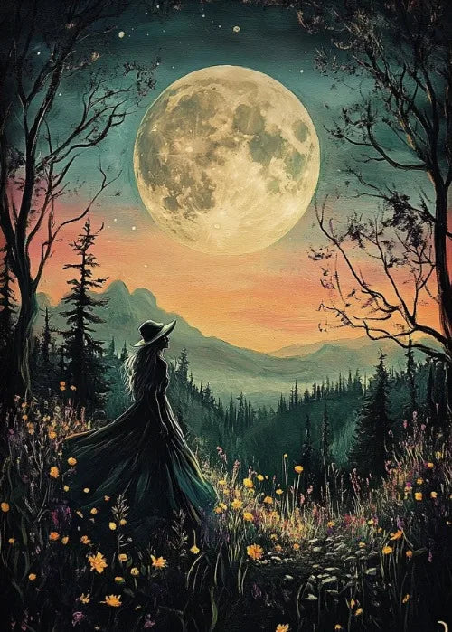 Perfecsy Witch Magical Art Print Witch with Full Moon Wall Decor Darkness Witches Painting Wall Decor Canvas Poster Dark Roma