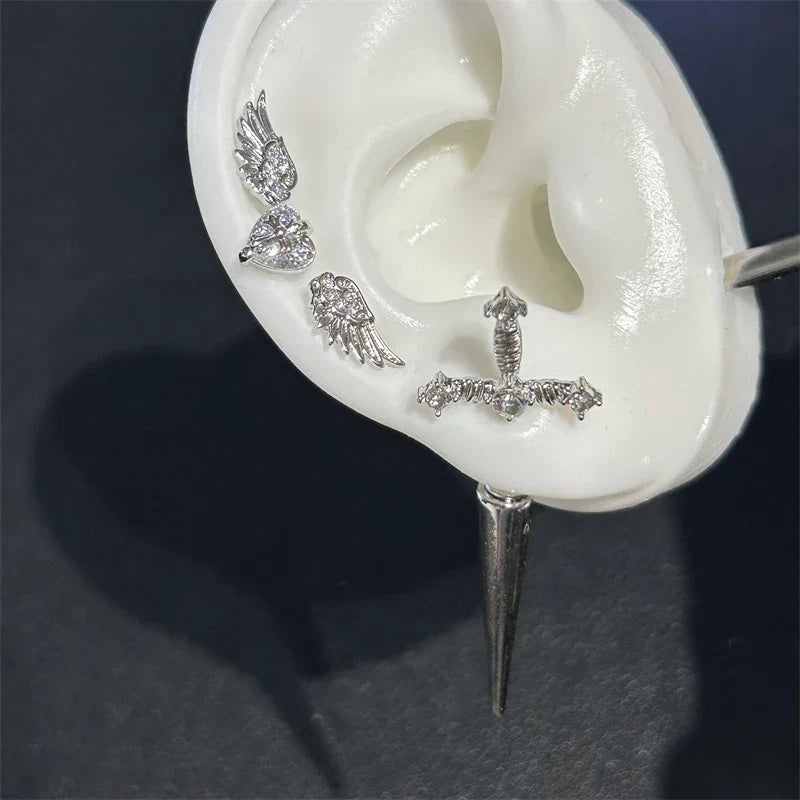 MyClosetAid New Fashion Love Wings Cross Stainless Steel Ear Bone Nail Shiny Zircon Trendy Thread Earring for Women Body Pier