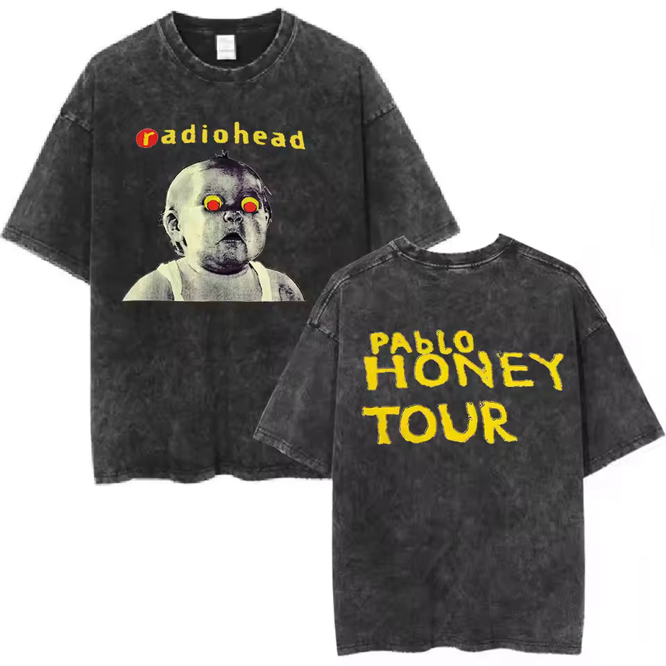 Radiohead Rock Band Washed Cotton T-Shirt – Retro Alternative Rock Graphic Tee, Vintage Distressed Heavyweight Style Unisex Concert Top