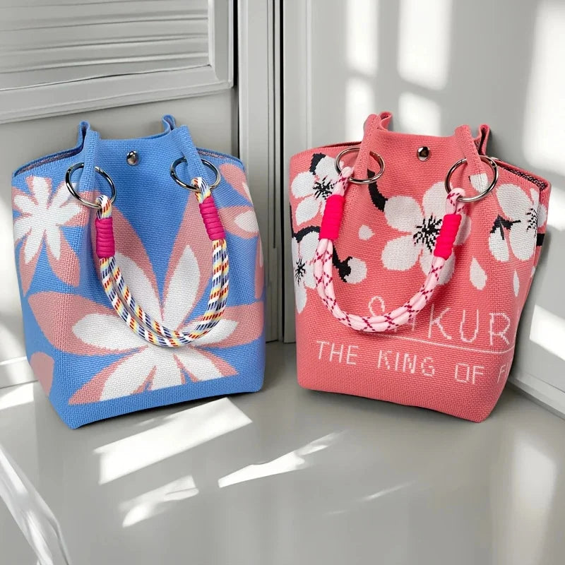 Perfecsy Women's Vintage Floral Knit Tote Bag Storage Bag Lightweight with Adjustable Straps & Metal Rings Snap Closure for C