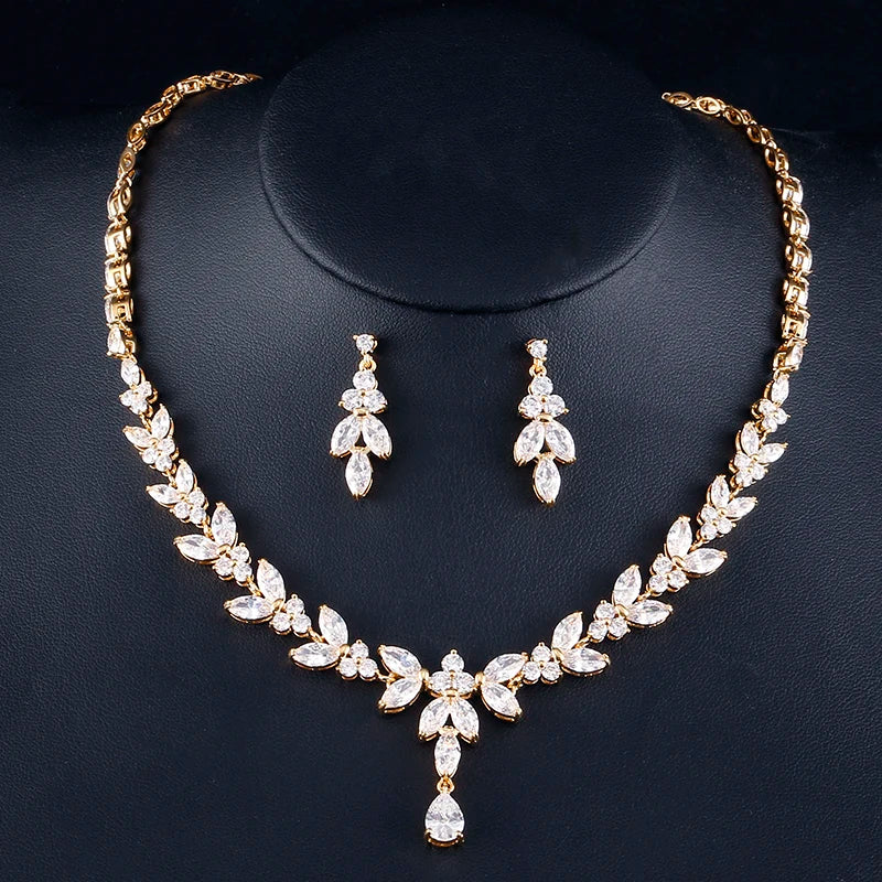 Brilliant Zirconia Leaf Necklace, Earrings & Bracelet Set
