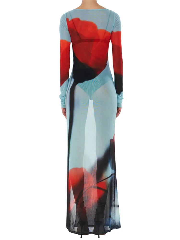 Women's Sheer Mesh Flower Long Dress Long Sleeve Boat Neck Side Split Midi Dress