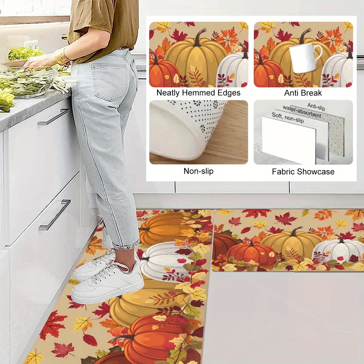 Perfecsy VIKAMA Thanksgiving Carpet Pumpkin Maple Leaf Carpet Kitchen Rug Long Carpet Doormat Living Room Bedroom Sofa Soft F