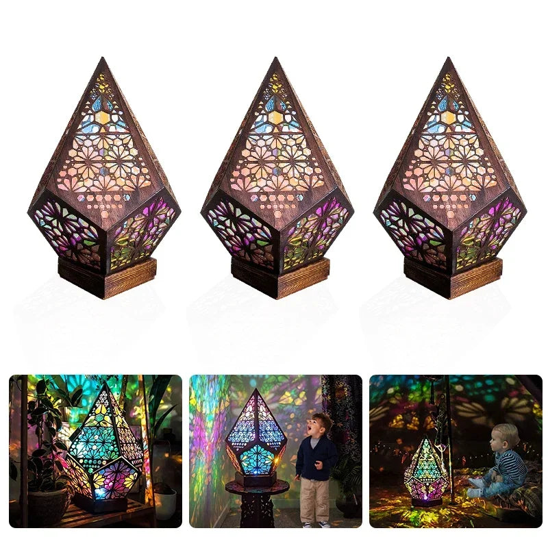 Perfecsy Wooden Hollow LED Projection Night Lamp  Bohemian Colorful Projector Desk Lamp Household Home Decor Holiday Atmosphe