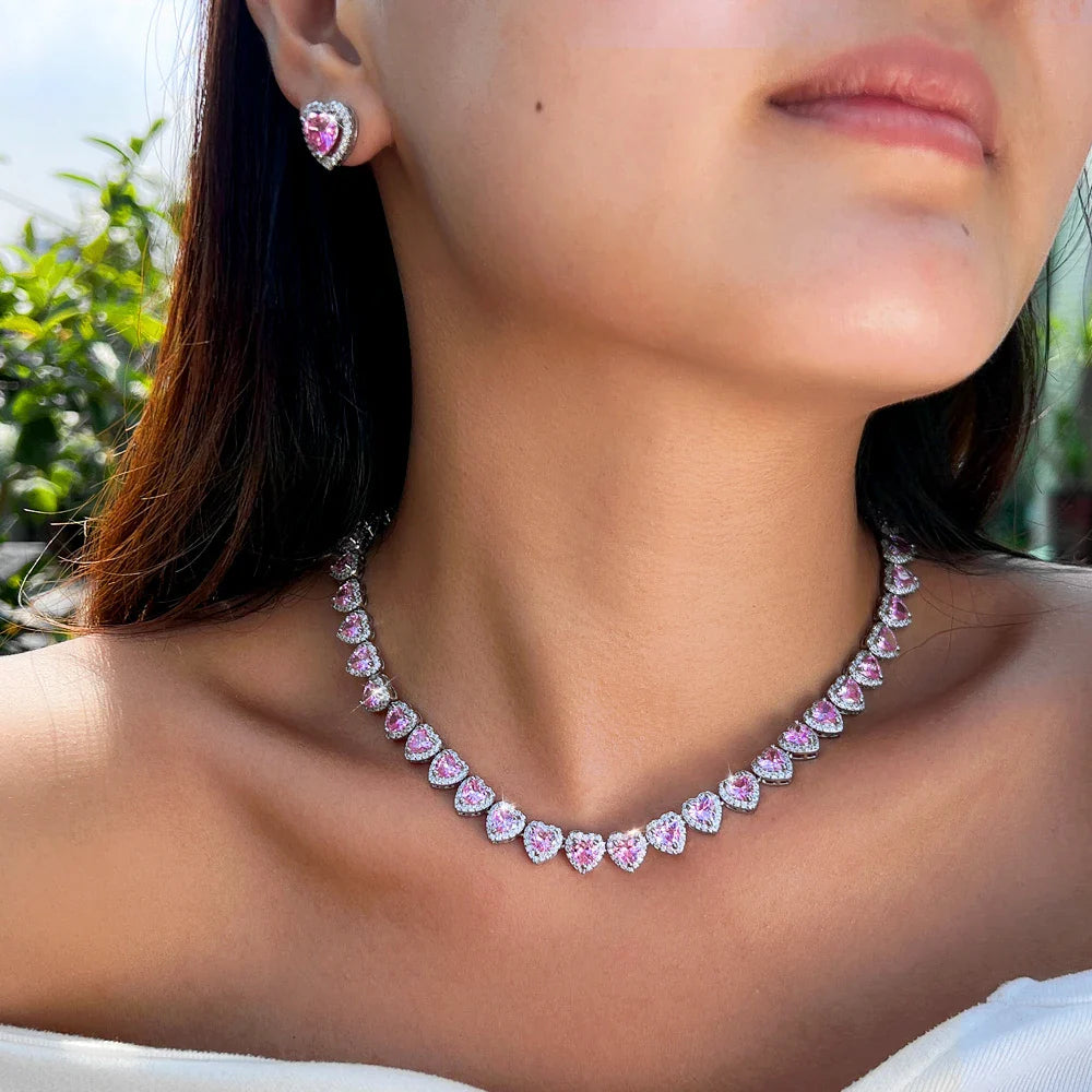 MyClosetAid Pink Cubic Zirconia Big Heart Shape Necklace Earrings Set — side view