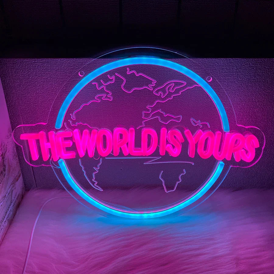Perfecsy The World Is Yours Led Neon Sign, Earth-Shaped Sign 3D Sculpture, Used For Bedroom, Club And Game Room Decor, Powere
