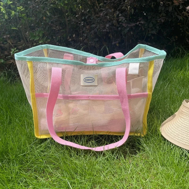 Perfecsy Ladies Summer Transparent Mesh Breathable Handbag Outdoor Beach Shower Handbag Large Capacity Beach Bags Portable Sw
