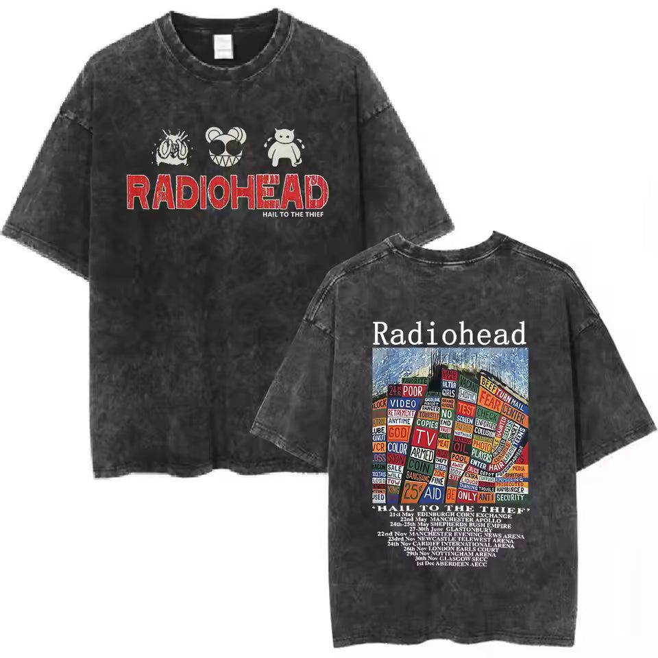 Radiohead Rock Band Washed Cotton T-Shirt – Retro Alternative Rock Graphic Tee, Vintage Distressed Heavyweight Style Unisex Concert Top