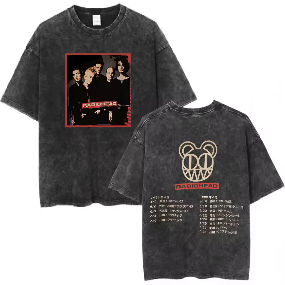 Radiohead Rock Band Washed Cotton T-Shirt – Retro Alternative Rock Graphic Tee, Vintage Distressed Heavyweight Style Unisex Concert Top