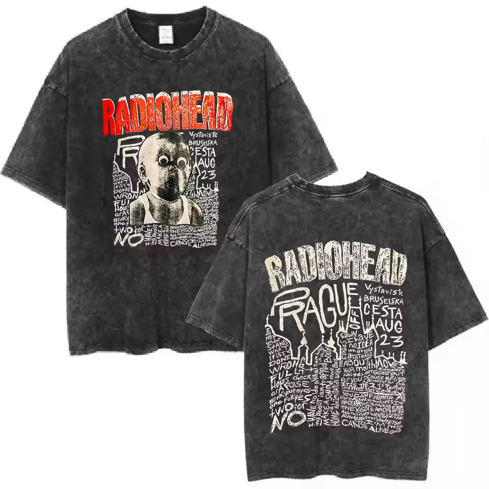 Radiohead Rock Band Washed Cotton T-Shirt – Retro Alternative Rock Graphic Tee, Vintage Distressed Heavyweight Style Unisex Concert Top