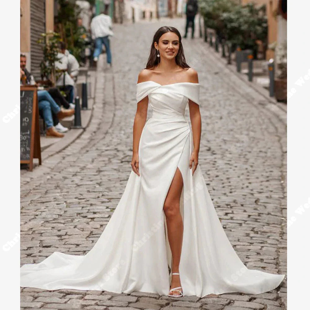 Envy NYC Envy NYC Boho Satin Off The Shoulder Wedding Dress — product category context