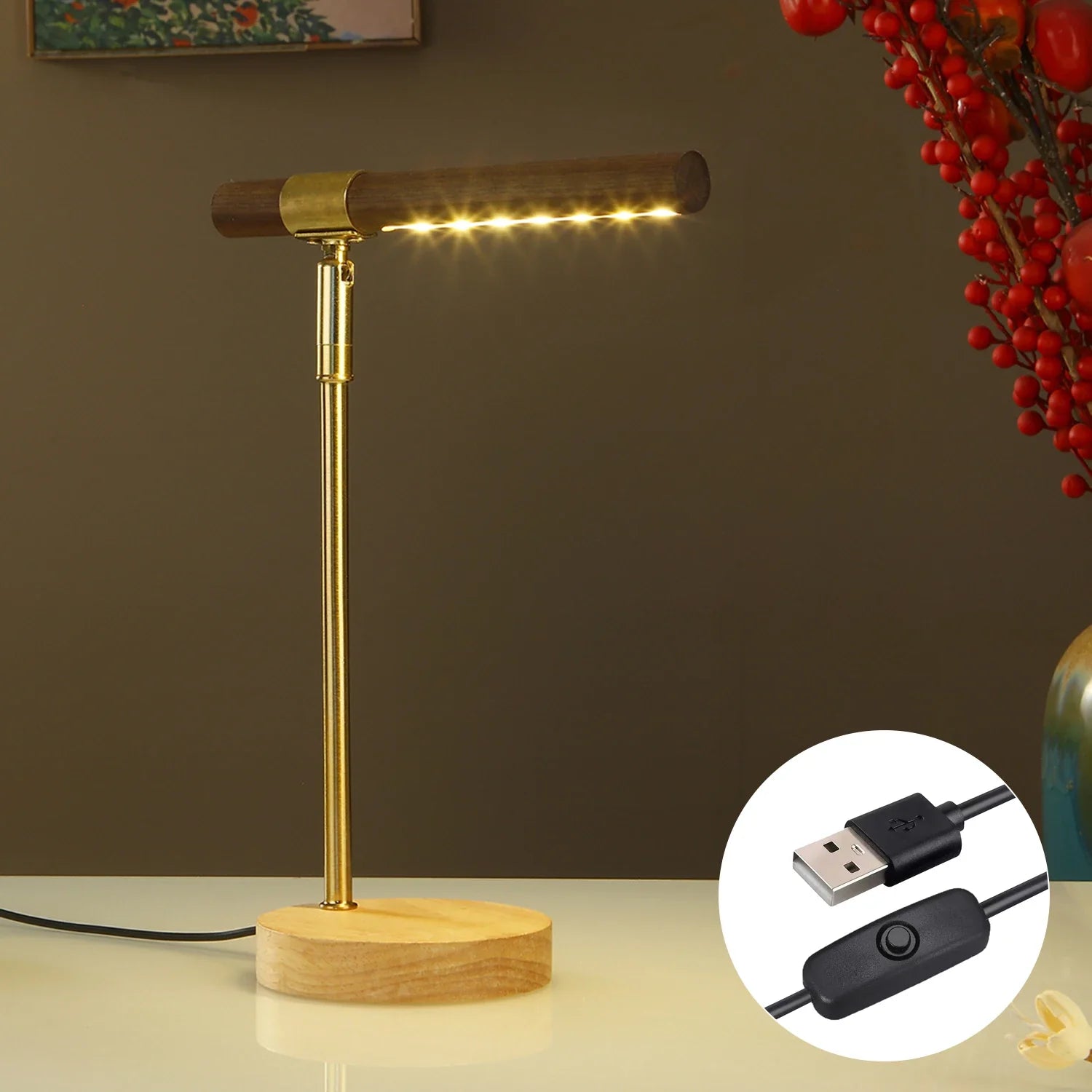 Perfecsy Wooden LED Table Lamp USB Powered Desk Lamp with 180° Adjustable Angle Night Light Minimalist Bedside Lamp for Bedro
