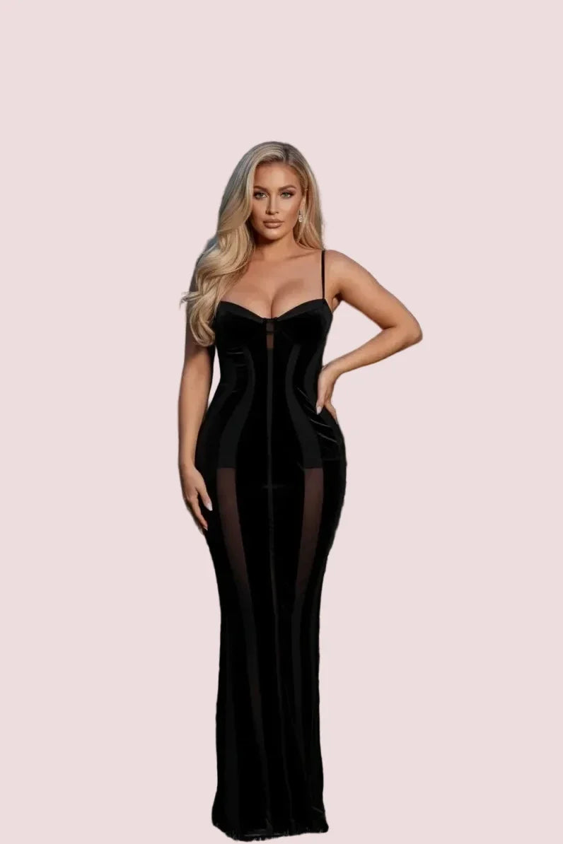 Women's Black Velvet Sheer Maxi Dress Mesh Patchwork Off-shoulder Waist Cinching