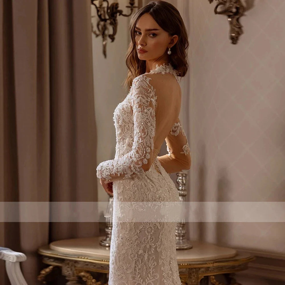 Envy NYC Mermaid Backless Bridal Gowns Lace Appliques & Long Sleeves — main product shot