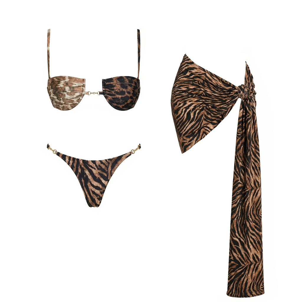 Women's 2 Piece Halter Bikini Set Printed Push Up Swimsuit With Mini Skirt