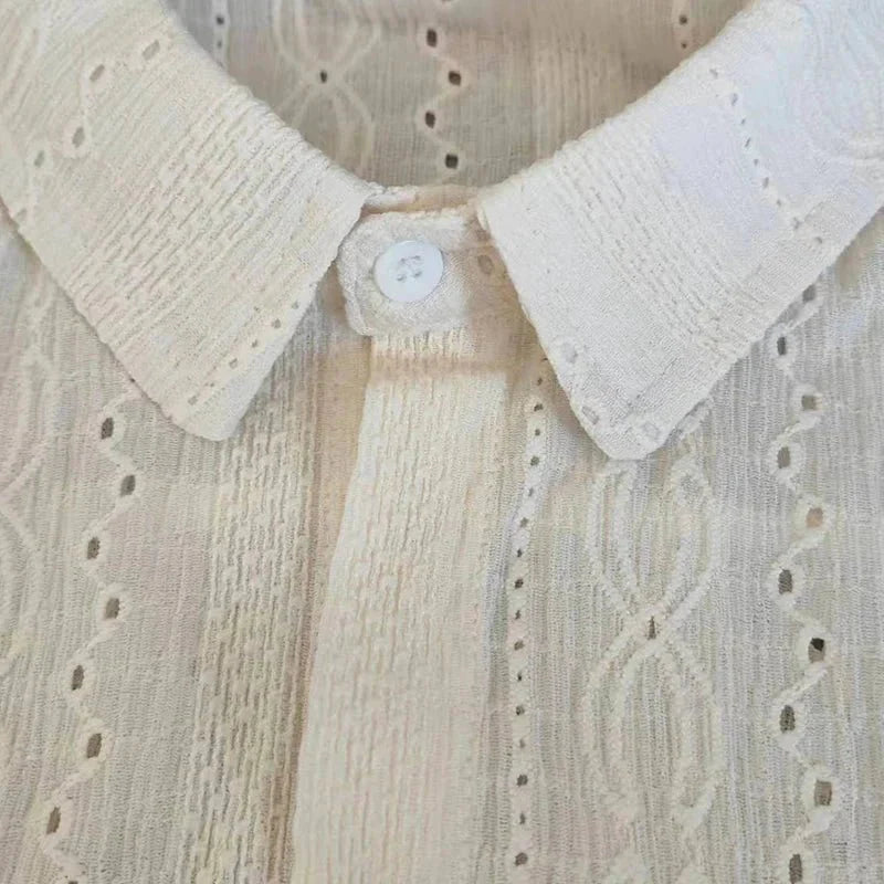 Shirts for men Apricot Handsome Lapel Men Blouse Vacation Hollow Out Sexy Fashion Men Clothing Male Mesh Long-sleeved Shirts