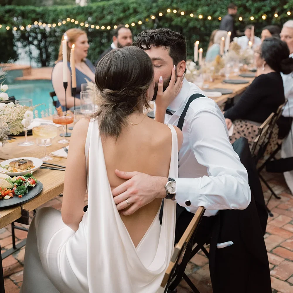 Envy NYC Envy NYC Belle Open Back Draped Satin Sheath Wedding Gown — construction detail