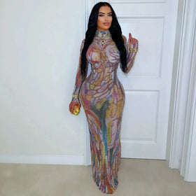 Long Sleeve Water-Media Net Diamond-Heated Party Gown