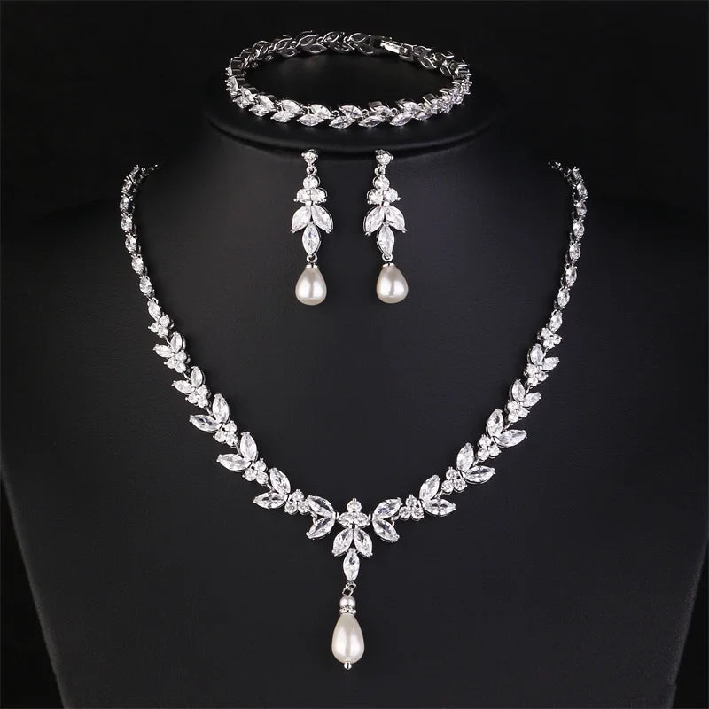 Brilliant Zirconia Leaf Necklace, Earrings & Bracelet Set