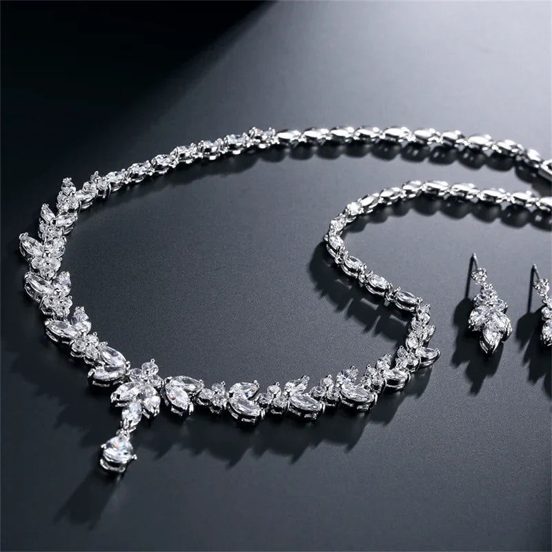 Envy NYC Marquise Cut Cubic Zircon Leaf Bridal Necklace & Earrings — construction detail