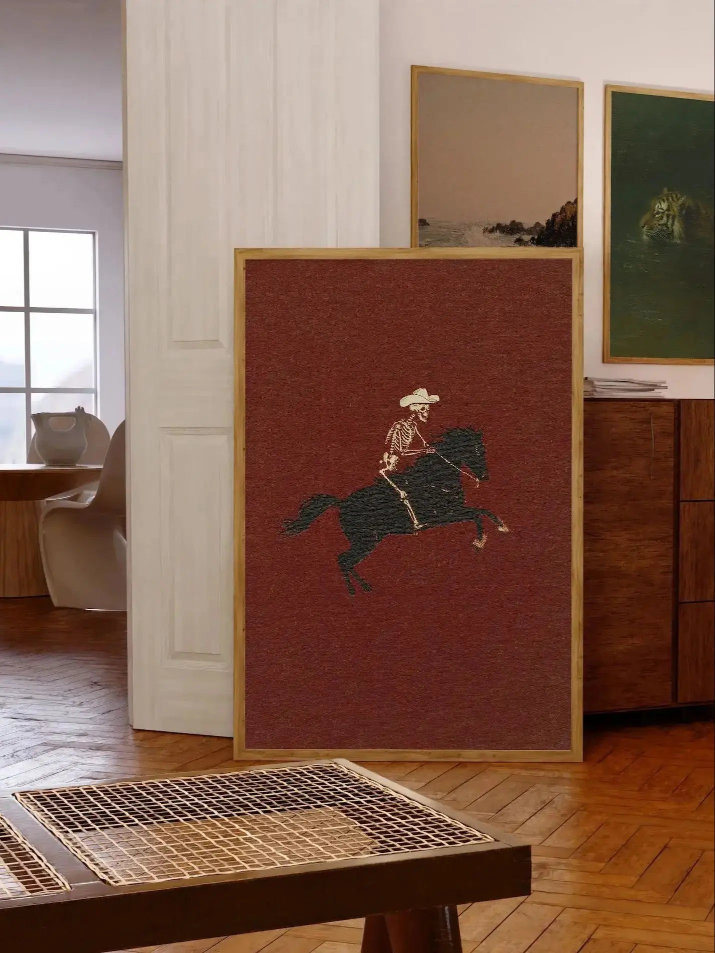 Perfecsy Skeleton Cowboy Illustration Bucking Bronco Print Gothic Wall Decor Horse Poster Quirky Art Western Poster Retro Rod