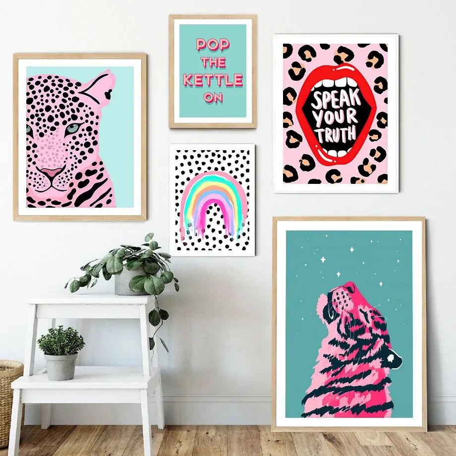 Perfecsy Wild Leopard Tiger Rainbow Girl Power Lips Vase Flower Wall Art Canvas Painting Nordic Poster Wall Picture For Livin