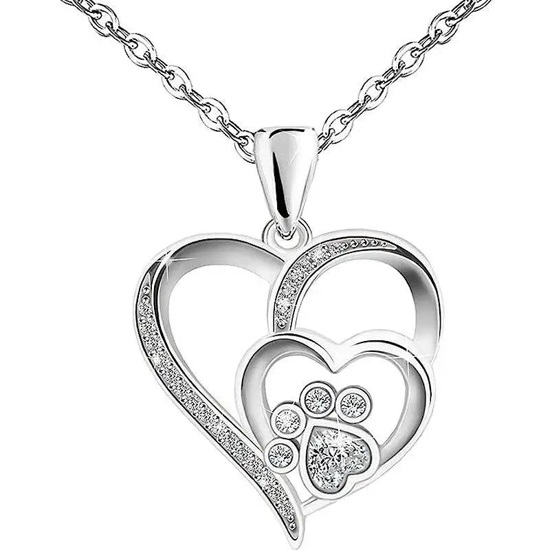 SORI STYLE Elegant Paw Shaped Double Heart CZ Pendant Necklace — main product shot