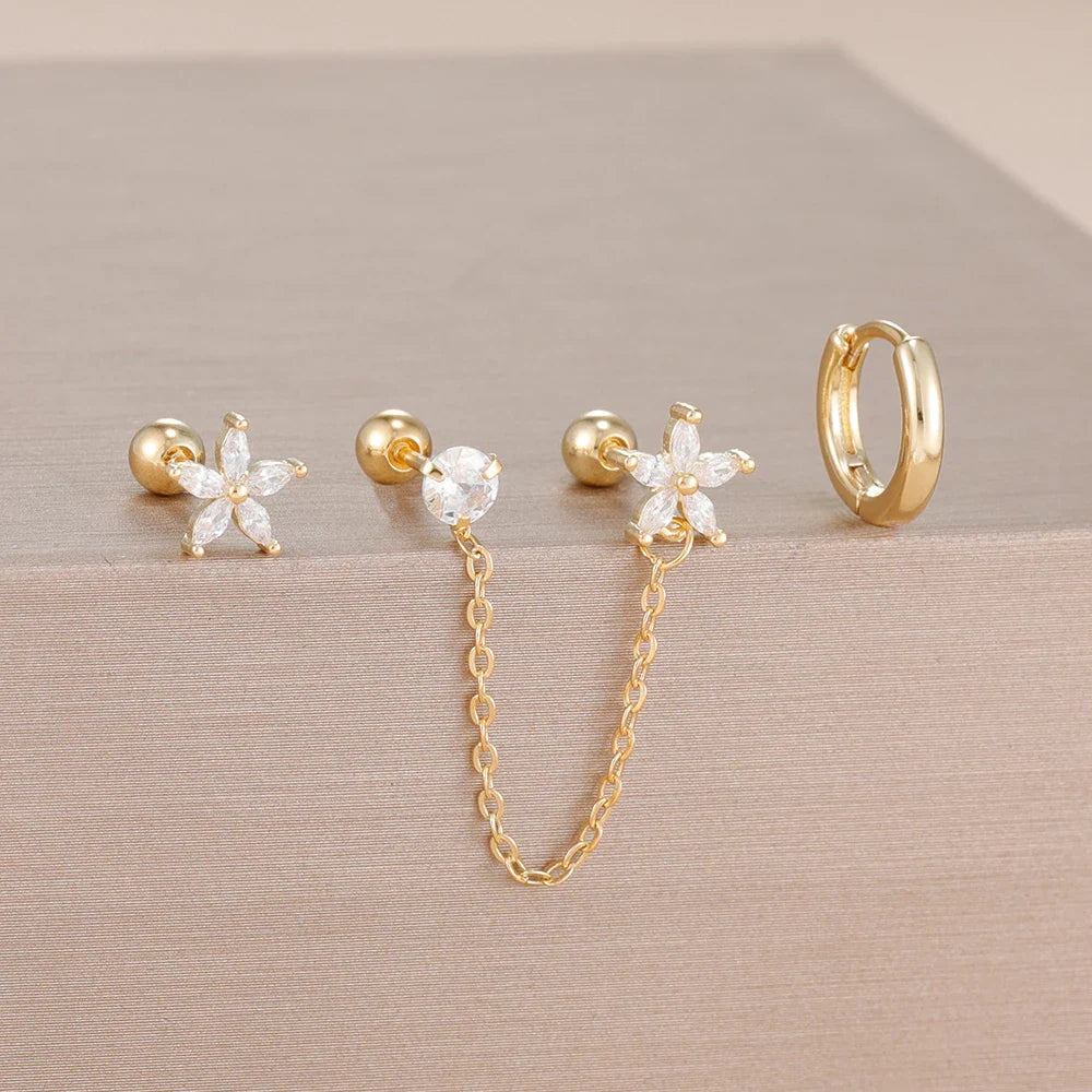 SORI STYLE 3PCS Zircon Flower Ear Stud Earrings — detail close-up