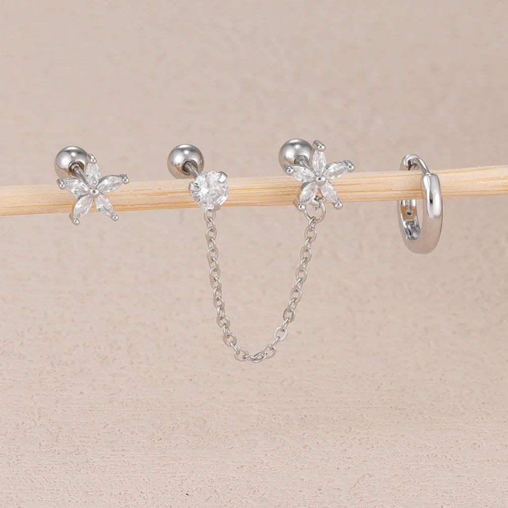 SORI STYLE 3PCS Zircon Flower Ear Stud Earrings — back view