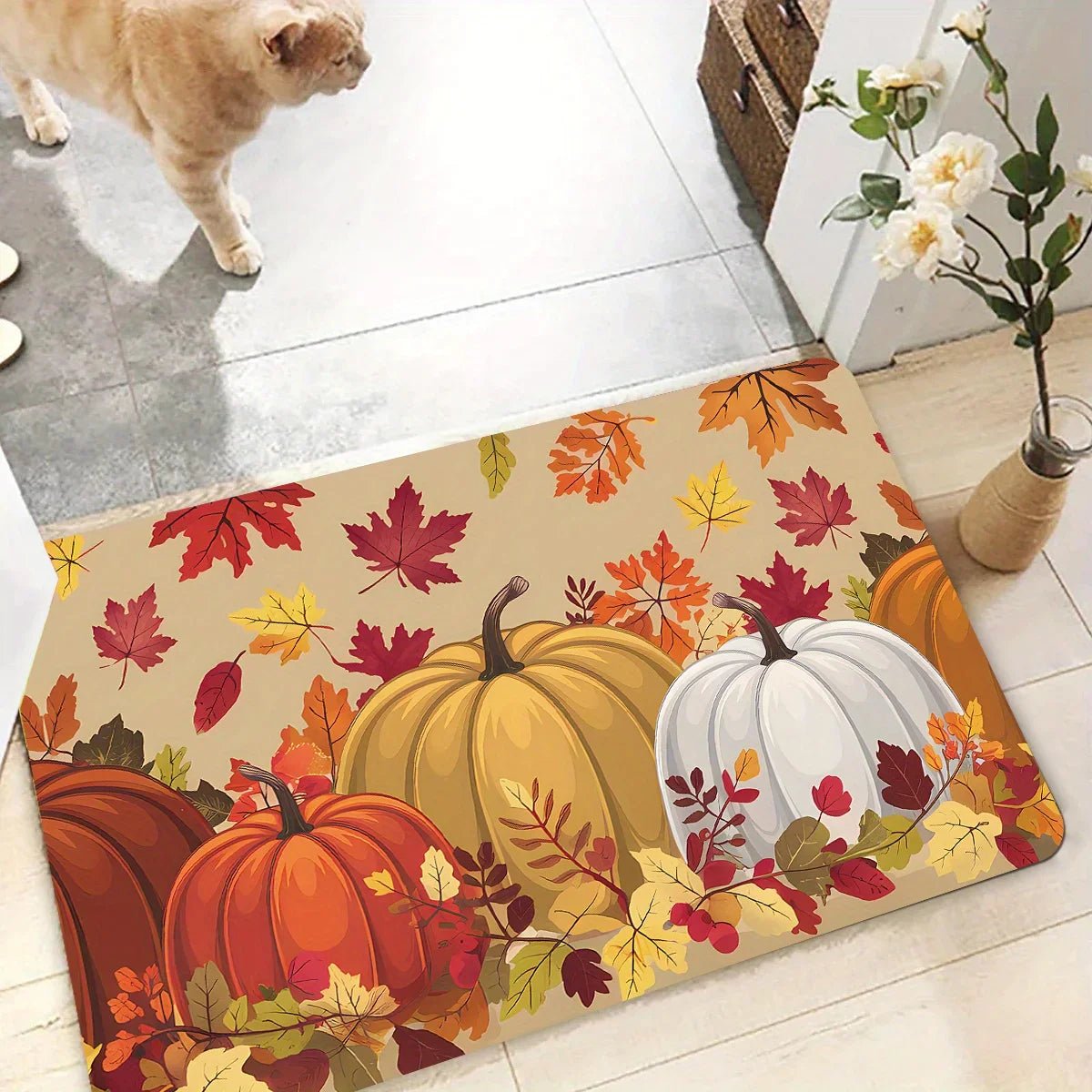 Perfecsy VIKAMA Thanksgiving Carpet Pumpkin Maple Leaf Carpet Kitchen Rug Long Carpet Doormat Living Room Bedroom Sofa Soft F