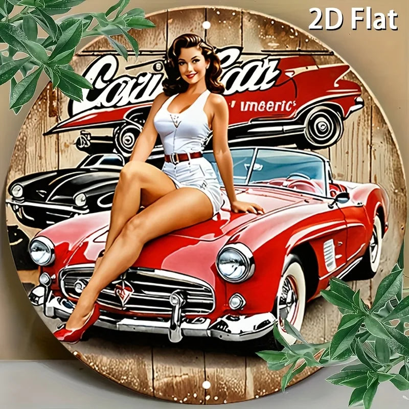 Perfecsy [2D Flat] Vintage Car Metal Tin Sign -Round Aluminum Wall Decor with Classic Car Girl Illustration, Retro Red Car — 