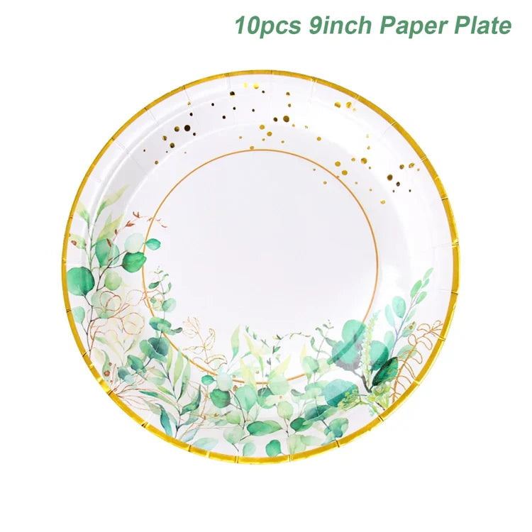 Perfecsy Sage Green Leaves Disposable Tableware Gold Edge Paper Plate Cup Napkins Wedding Decor Birthday Hawaiian Party Decor