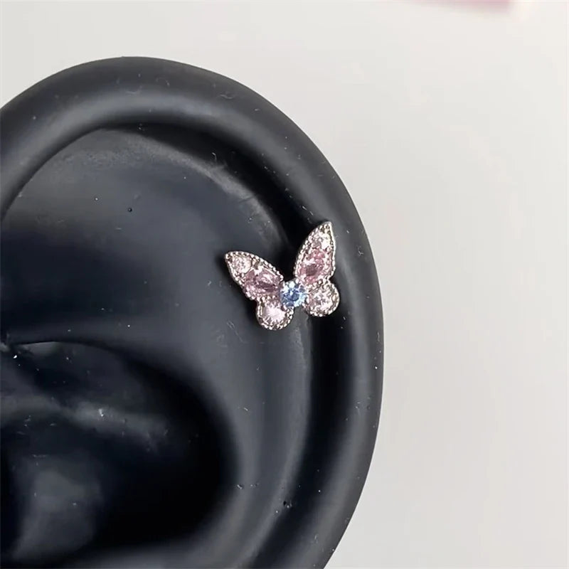 MyClosetAid 1 PCS Pink Bowknot Shiny Ear Bone Nail 316L Stainless Steel Korean Style Zircon Crystal Earring Women Y2K Cute Co