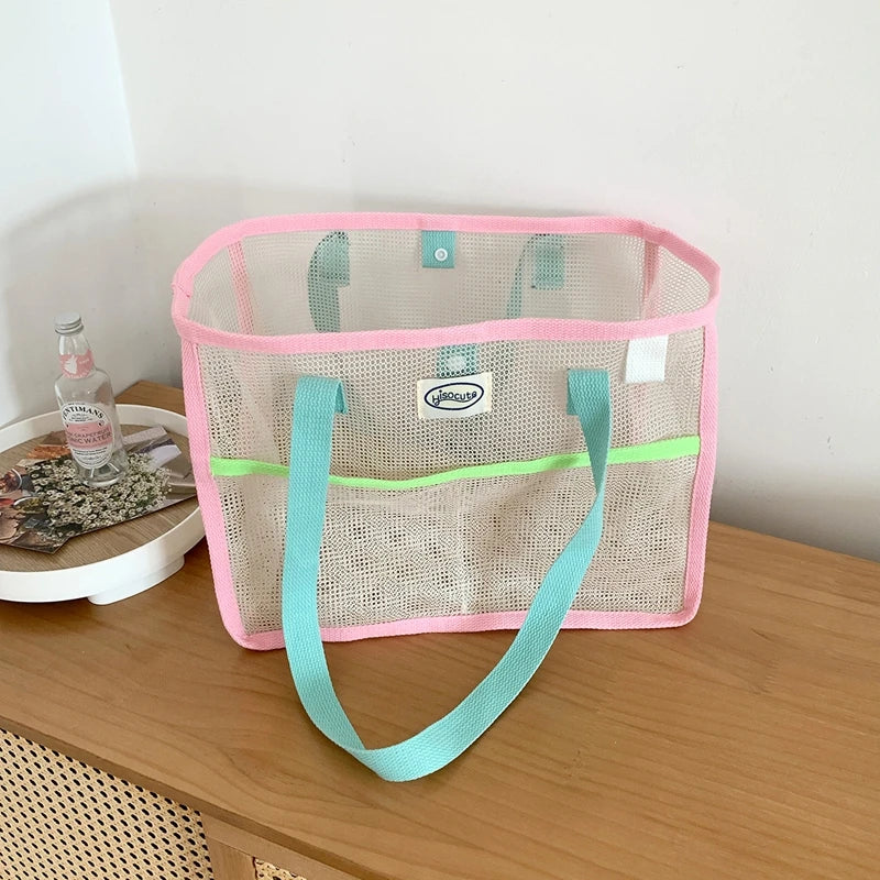 Perfecsy Ladies Summer Transparent Mesh Breathable Handbag Outdoor Beach Shower Handbag Large Capacity Beach Bags Portable Sw