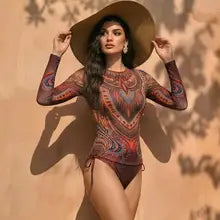 Women's Two Piece Long Sleeve Mesh Swimsuit UPF 50+ Padded Beachwear