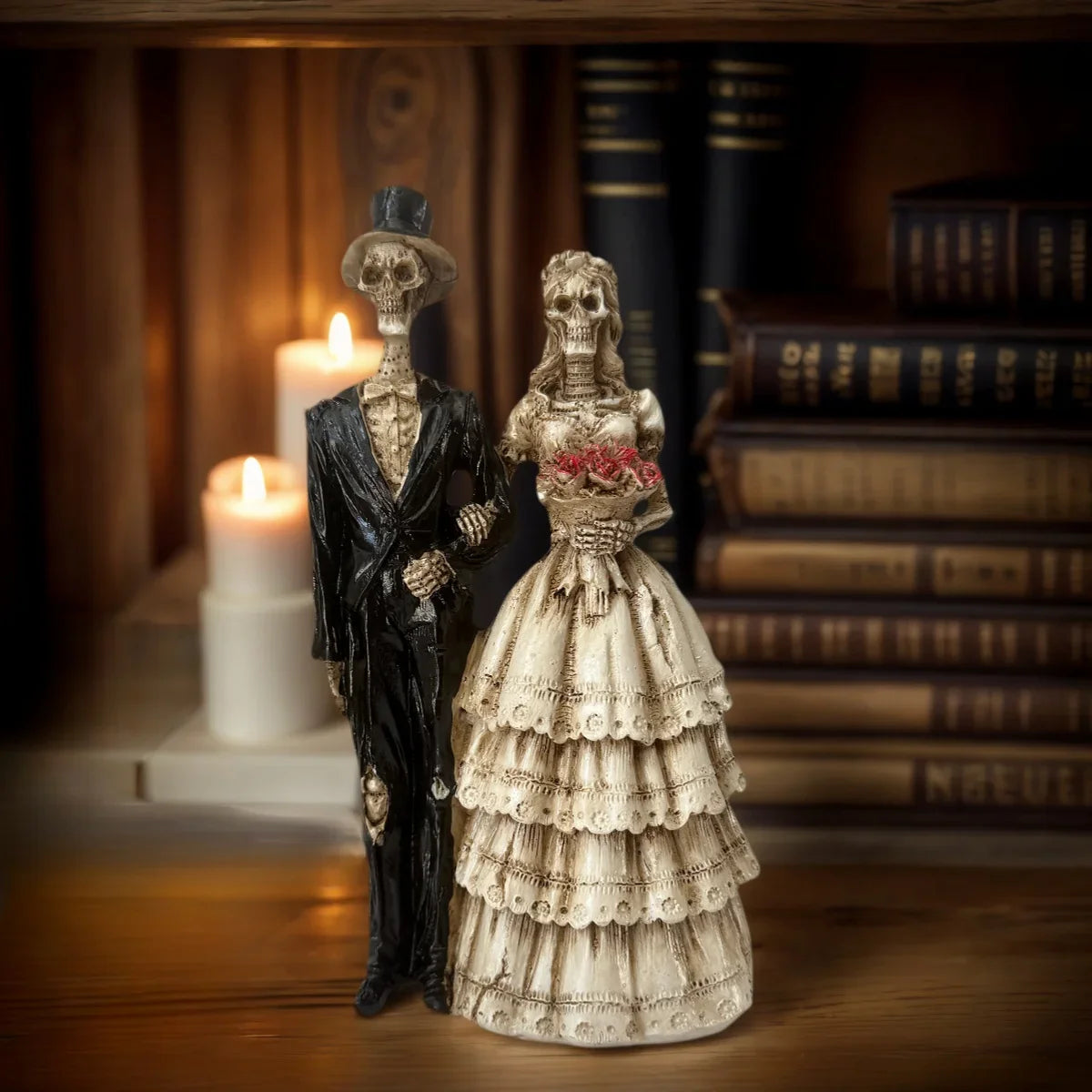 Perfecsy 1 Halloween Couple Skeleton Statue Ornament, Vintage Wedding Dress Style, Home Desktop Party Decoration, Spooky and 