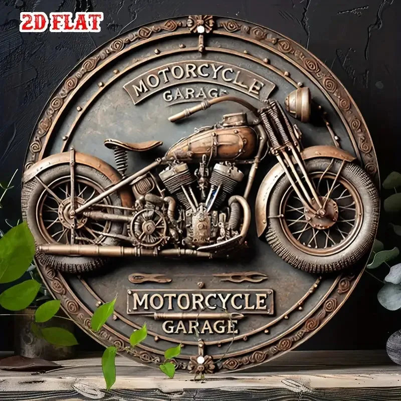 Perfecsy [2D Flat] Vintage Motorcycle Garage Round Aluminum Sign -Retro Metal Wall Decor, 7.8x7.8 inch — main product shot