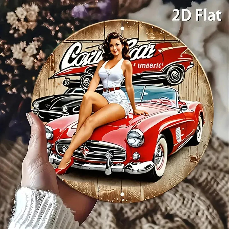 Perfecsy [2D Flat] Vintage Car Metal Tin Sign -Round Aluminum Wall Decor with Classic Car Girl Illustration, Retro Red Car — 