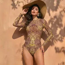 Women's Two Piece Long Sleeve Mesh Swimsuit UPF 50+ Padded Beachwear