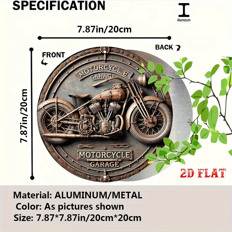 Perfecsy [2D Flat] Vintage Motorcycle Garage Round Aluminum Sign -Retro Metal Wall Decor, 7.8x7.8 inch — detail close-up