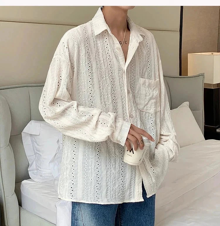 Shirts for men Apricot Handsome Lapel Men Blouse Vacation Hollow Out Sexy Fashion Men Clothing Male Mesh Long-sleeved Shirts
