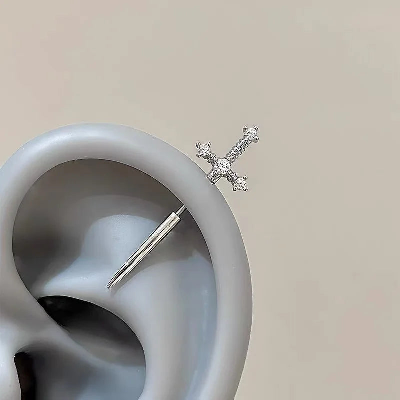 MyClosetAid New Fashion Love Wings Cross Stainless Steel Ear Bone Nail Shiny Zircon Trendy Thread Earring for Women Body Pier