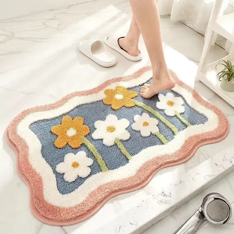 Perfecsy VIKAMA | Fresh Floral Imitation Cashmere Rug - Non-Slip, Absorbent Bathroom Mat/Living Room Doormat/Multi-Purpose Fo