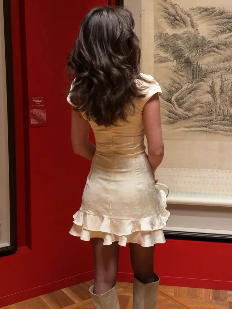Women's Ruffled Elegant Party Dress Short Sleeve Patchwork Slim Printed High Waist