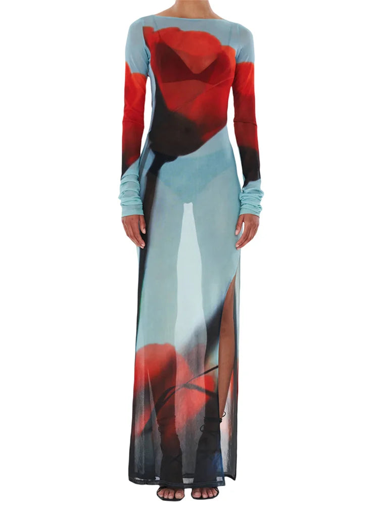 Women's Sheer Mesh Flower Long Dress Long Sleeve Boat Neck Side Split Midi Dress