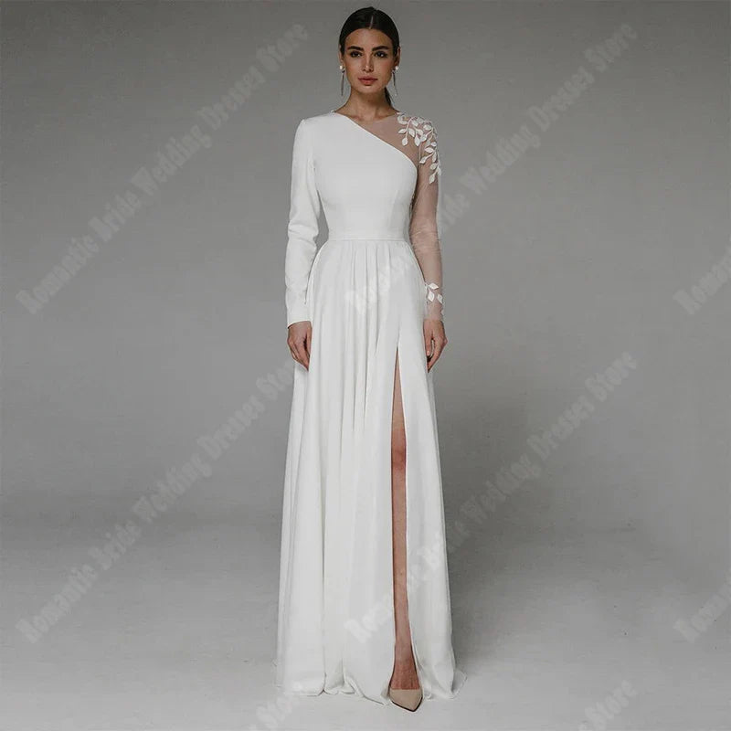 Envy NYC Envy NYC Boho Satin A-Line Mermaid White Wedding Dress — White detail